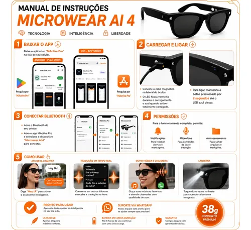 Óculos Inteligente Tradutor Ia Microwear Bluetooth 5.3 Preto