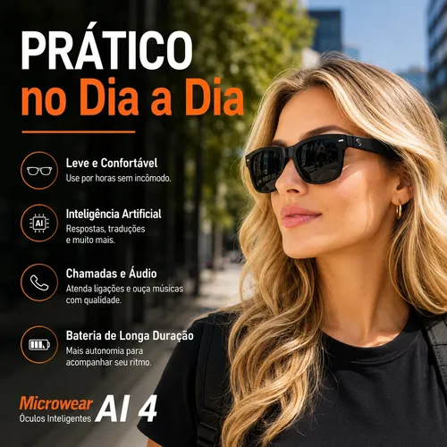 Óculos Inteligente Tradutor Ia Microwear Bluetooth 5.3 Preto