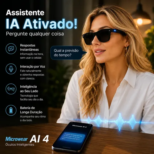 Óculos Inteligente Tradutor Ia Microwear Bluetooth 5.3 Preto
