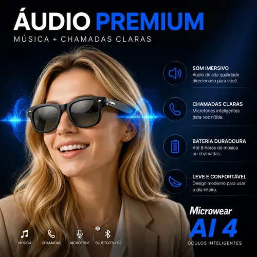 Óculos Inteligente Tradutor Ia Microwear Bluetooth 5.3 Preto