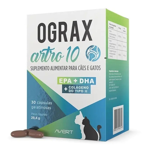 Ograx artro 10 avert 30 capsulas colageno omega 3 caes e gat
