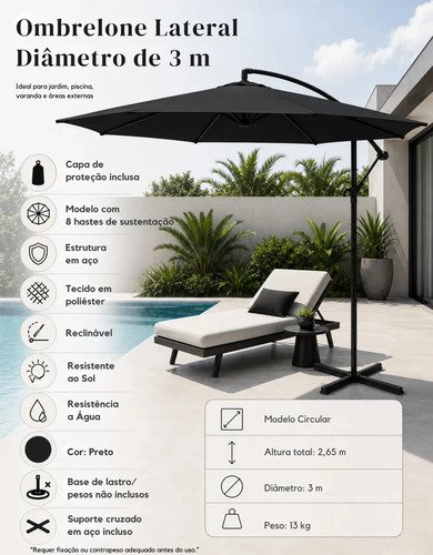 Ombrelone Lateral Preto 3 Metros MaxHouse Reclinável Com Proteção UV