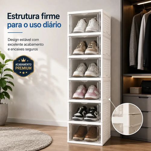 Organizador De Calçados 6 Pares Sapateira Modular Empilhável Branco Vertical Caixa de Tênis Fácil Montagem