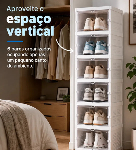 Organizador De Calçados 6 Pares Sapateira Modular Empilhável Branco Vertical Caixa de Tênis Fácil Montagem