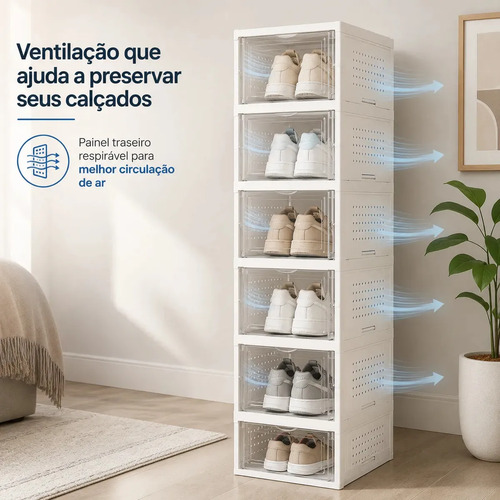 Organizador De Calçados 6 Pares Sapateira Modular Empilhável Branco Vertical Caixa de Tênis Fácil Montagem