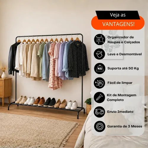 Organizador De Roupas Portátil Grande Metal P/ Quarto Closet