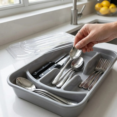 Organizador De Talheres Com Divisórias E Tampa Para Cozinha