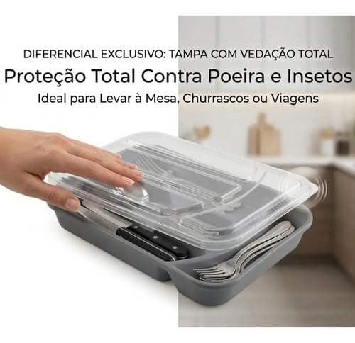 Organizador De Talheres Com Divisórias E Tampa Para Cozinha