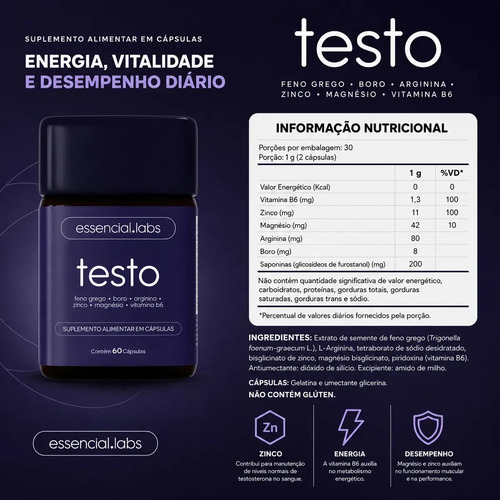 Pack 2 Testo Essencial: Suplemento para Homens com Feno Grego, Boro e Arginina