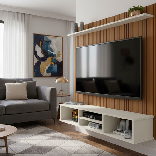 Painel clique moveis tv 50 ripado 3d off white com nichos