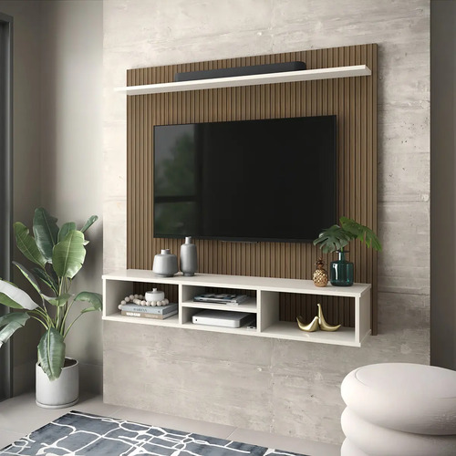 Painel Clique Móveis Tv 50” Ripado 3D Off White com Nichos