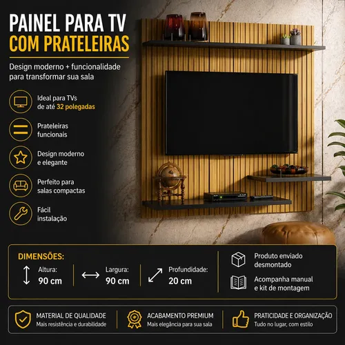 Painel Para Tv Até 32 Polegadas Compacto Com 3 Prateleiras