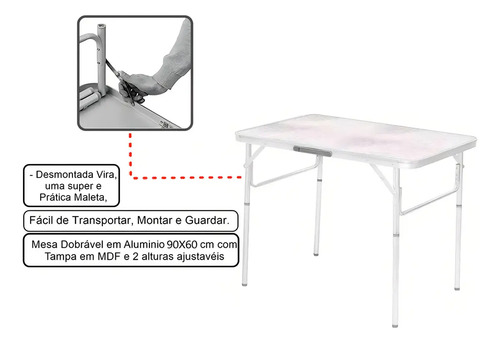 Palisad Mesa Alumínio Para Pescaria Acampamento Camping 90x60 cm vira maleta cor branco Pés Dobrável
