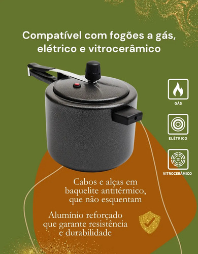 Panela de pressão 4,5 litros Alumínio Preta Segura Reforçada Cozimento Rápido Econômica Fechamento Interno