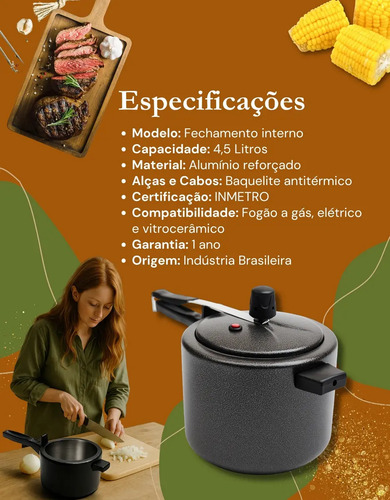 Panela de pressão 4,5 litros Alumínio Preta Segura Reforçada Cozimento Rápido Econômica Fechamento Interno