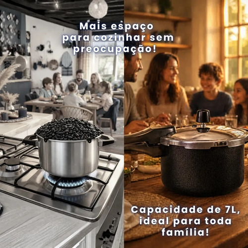 Panela de Pressão 7 litros Alumínio Preta Grande Segura Reforçada Cozimento Rápido Econômica Fechamento Externo
