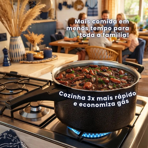 Panela de Pressão 7 litros Alumínio Preta Grande Segura Reforçada Cozimento Rápido Econômica Fechamento Externo