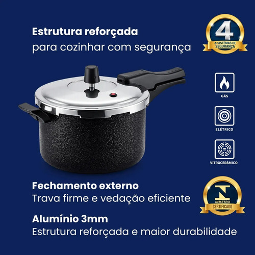 Panela de Pressão 7 litros Alumínio Preta Grande Segura Reforçada Cozimento Rápido Econômica Fechamento Externo
