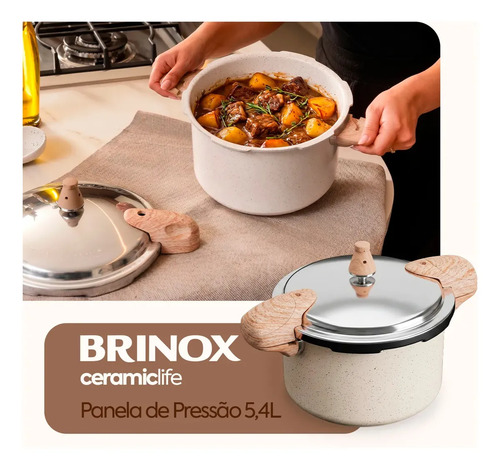 Panela De Pressão Brinox Vanilla 5,4l Indução Ceramic Life C Creme
