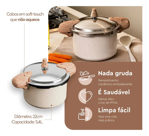 Panela De Pressão Brinox Vanilla 5,4l Indução Ceramic Life C Creme