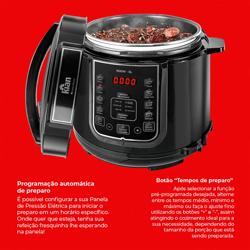 Panela De Pressão Elétrica 5 Litros Aço Inox Preto Multifuncional Kian Ppe 101