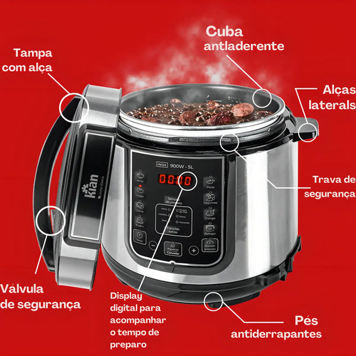 Panela de Pressão Elétrica 5 Litros Aço Inox Preto Multifuncional Kian Ppe 101