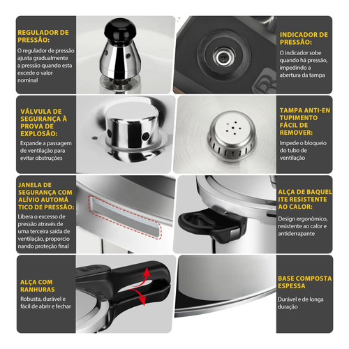 Panela De Pressão Inox 5 Litros Fundo Triplo Cor Prateado