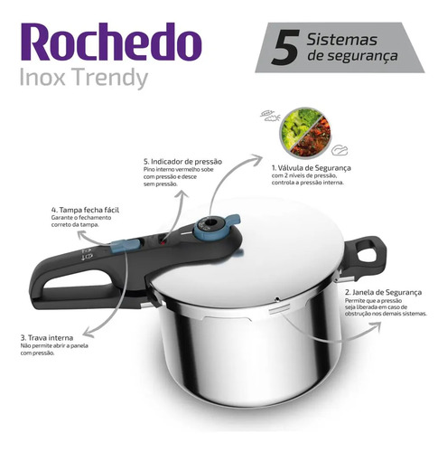 Panela De Pressão Rochedo Inox Trendy 6 litros Fechamento Externo Com Cesta De Vapor