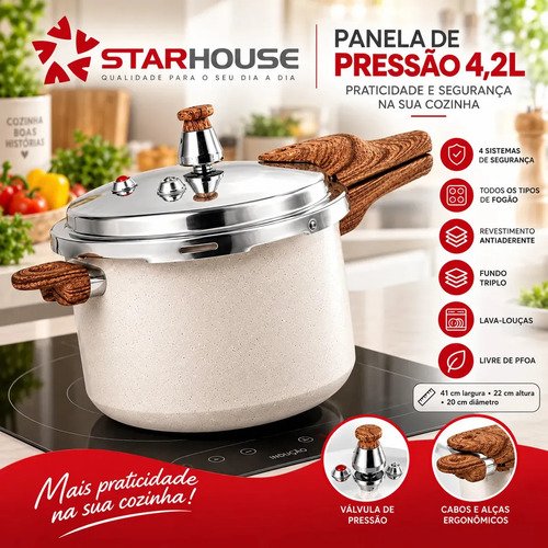 Panela Pressão Cerâmica Antiaderente 4,2 Litros Indução e Fogão Tradicional 4 Válvulas De Segurança Starhouse