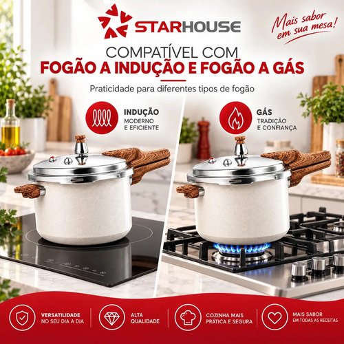 Panela Pressão Cerâmica Antiaderente 4,2 Litros Indução e Fogão Tradicional 4 Válvulas De Segurança Starhouse