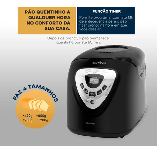 Panificadora Multipane 12P Com Função Timer e Antiaderente Potência de 550W Cor Preto Britânia