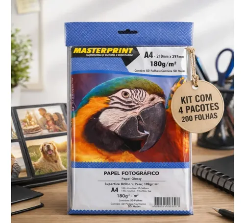 Papel fotografico 180g glossy a4 masterprint kit 200 folhas