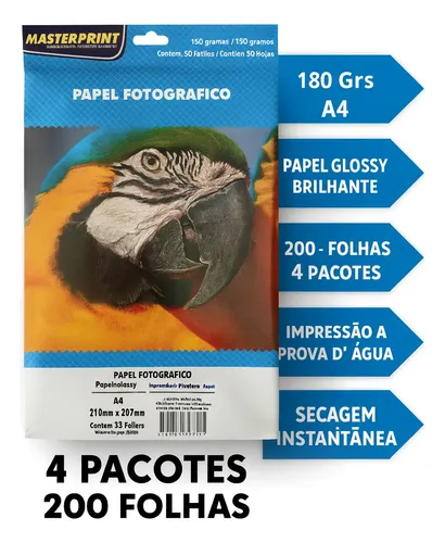 Papel Fotográfico 180g Glossy A4 Masterprint Kit 200 Folhas