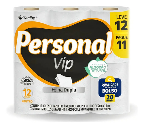 Papel higienico personal vip folha dupla neutro kit com 12 u