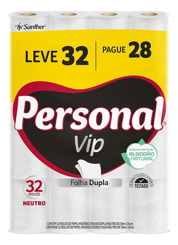 Papel higienico personal vip folha dupla neutro l32p28 rolos