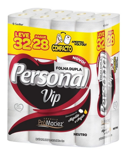 Papel Higiênico Personal Vip Folha Dupla Neutro L32p28 Rolos