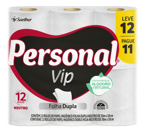 Papel higienico vip folha dupla neutro 12 rolos personal