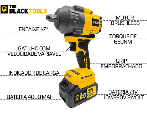 Parafusadeira Chave De Impacto A Bateria Lítio 21v Motor Brushless 650nm 65kgf.m Tb21ix The Black Tools