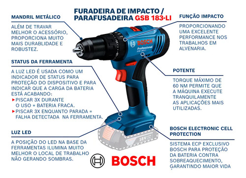 Parafusadeira E Furadeira De Impacto A Bateria 18v Bosch Gsb 183-li Maleta Com Kit Brocas E Bits Profissional 103 Peças