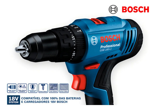Parafusadeira E Furadeira De Impacto A Bateria 18v Bosch Gsb 183-li Maleta Com Kit Brocas E Bits Profissional 103 Peças