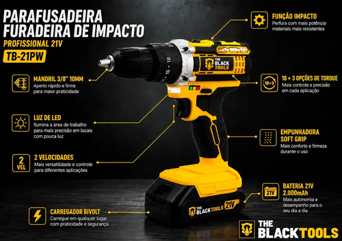Parafusadeira E Furadeira Impacto The Black Tools Tb-21pw 3/8 Cor Amarelo Frequência 50/60 Hz