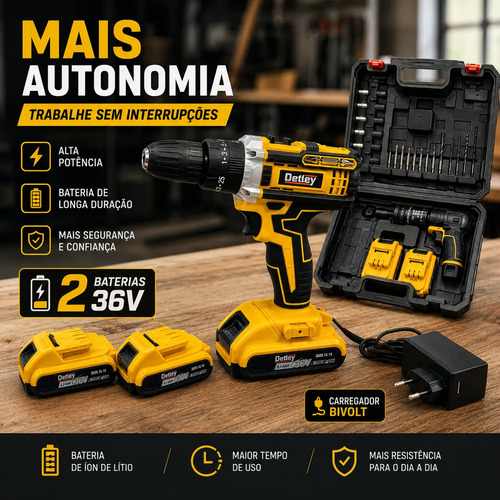 Parafusadeira Furadeira 36v S/ Fio Profissional + 2 Baterias