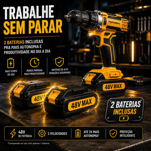 Parafusadeira Furadeira 48v Profissional 2 Baterias Sem Fio