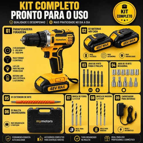Parafusadeira Furadeira 48v Profissional 2 Baterias Sem Fio
