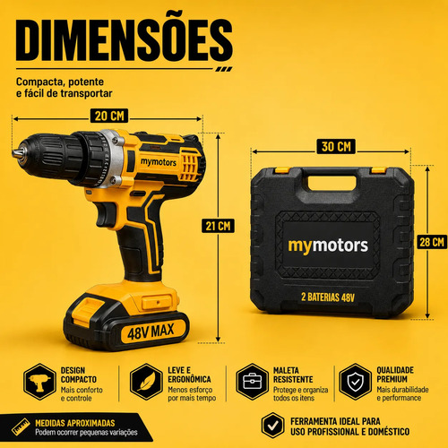 Parafusadeira Furadeira 48v Profissional 2 Baterias Sem Fio