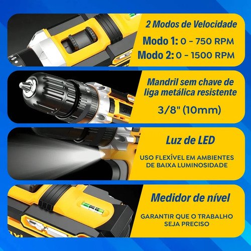 Parafusadeira Furadeira C/ 2 Baterias Maleta Kit Completo Led Eixo Flexível Vários Níveis Torque Simake
