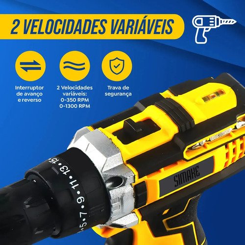 Parafusadeira Furadeira C/ 2 Baterias Maleta Kit Completo Led Eixo Flexível Vários Níveis Torque Simake