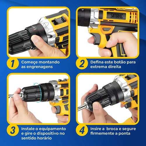 Parafusadeira Furadeira C/ 2 Baterias Maleta Kit Completo Led Eixo Flexível Vários Níveis Torque Simake