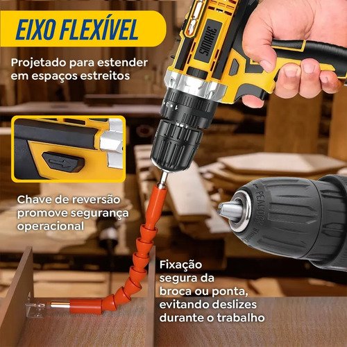 Parafusadeira Furadeira C/ 2 Baterias Maleta Kit Completo Led Eixo Flexível Vários Níveis Torque Simake