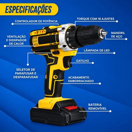 Parafusadeira Furadeira C/ 2 Baterias Maleta Kit Completo Led Eixo Flexível Vários Níveis Torque Simake